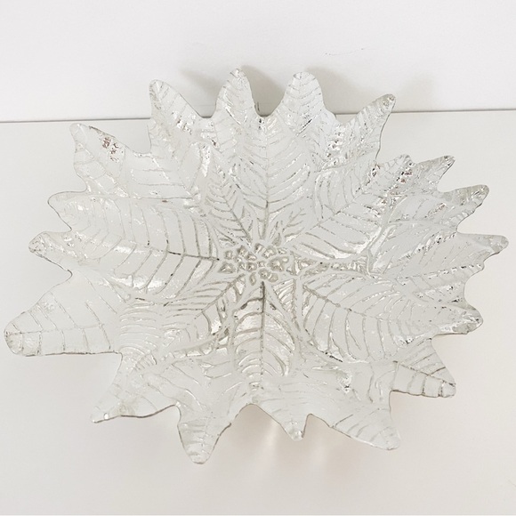 Vintage Akcam Glass Leaf Bowl – White and Silver, Handmade in Turkey, 11” - Picture 3 of 8